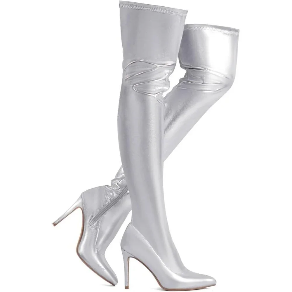 Women Silver Polyurethane Over The Knee High Stretchy Leather Thigh High Boots
